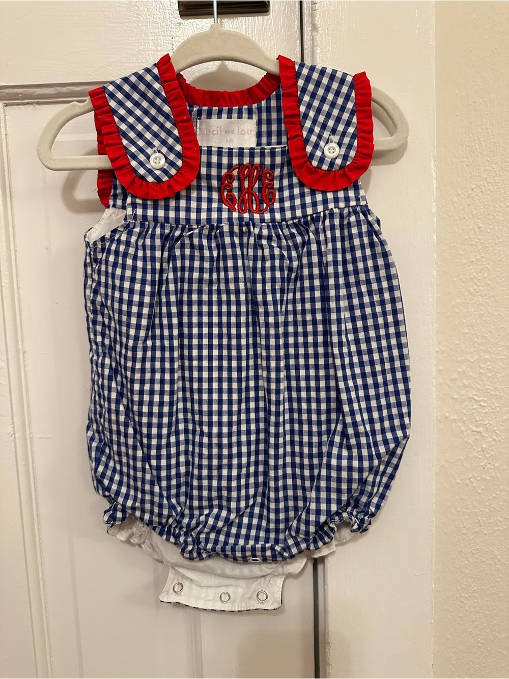 Patriotic Blue Gingham Bubble w/ Red Ruffle Trim - Cecil & Lou 6M